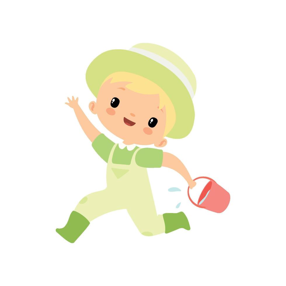 Cute Boy in Overalls, Rubber Boots and Hat Running with Bucket Full of Water, Young Farmer Cartoon Character Engaged in Agricultural Activities Illustration vector