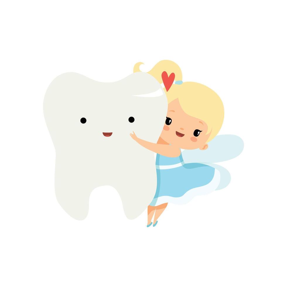 Cute Little Tooth Fairy Flying with Big Tooth, Lovely Blonde Fairy Girl Cartoon Character in Light Blue Dress with Wings Illustration vector