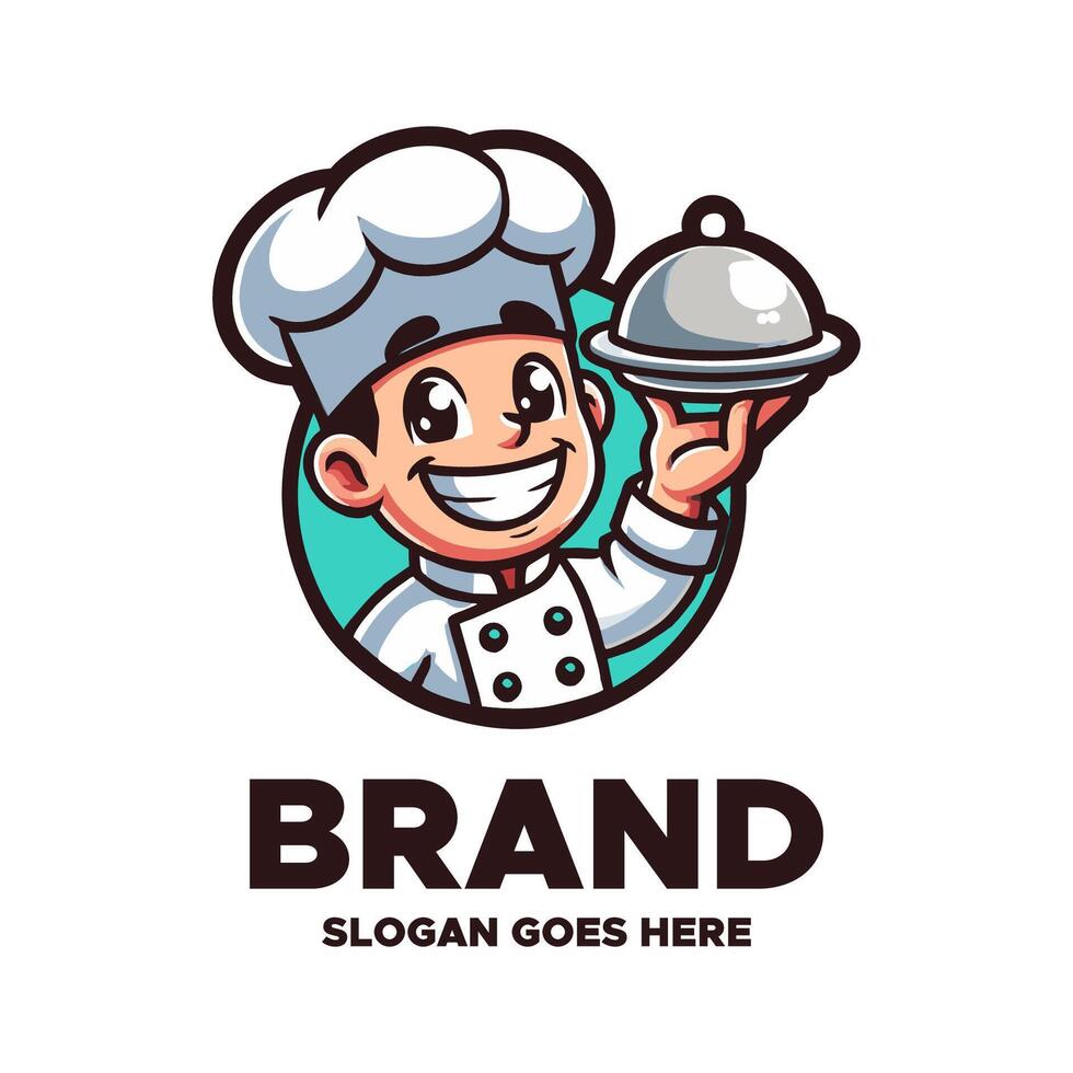 Cartoon Chef Mascot Logo with Serving Plate for Food Brand vector