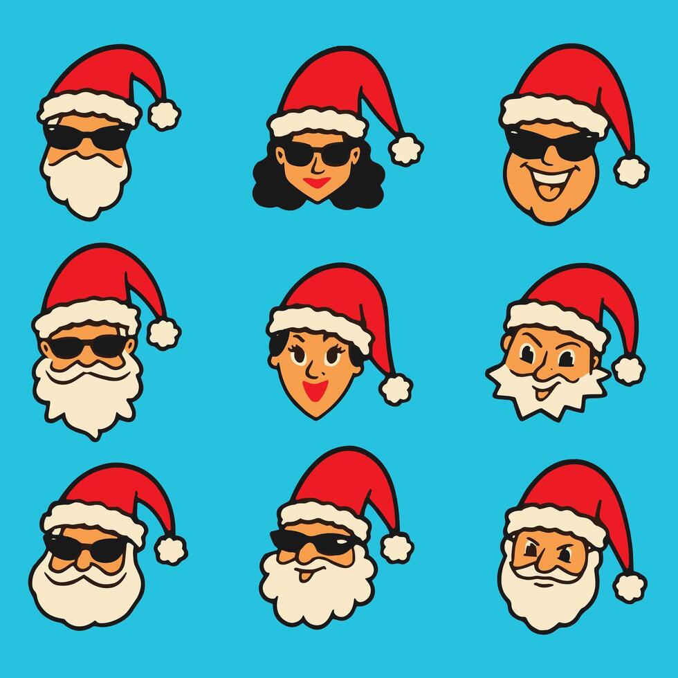 Santa claus hats and sunglasses icons set vector