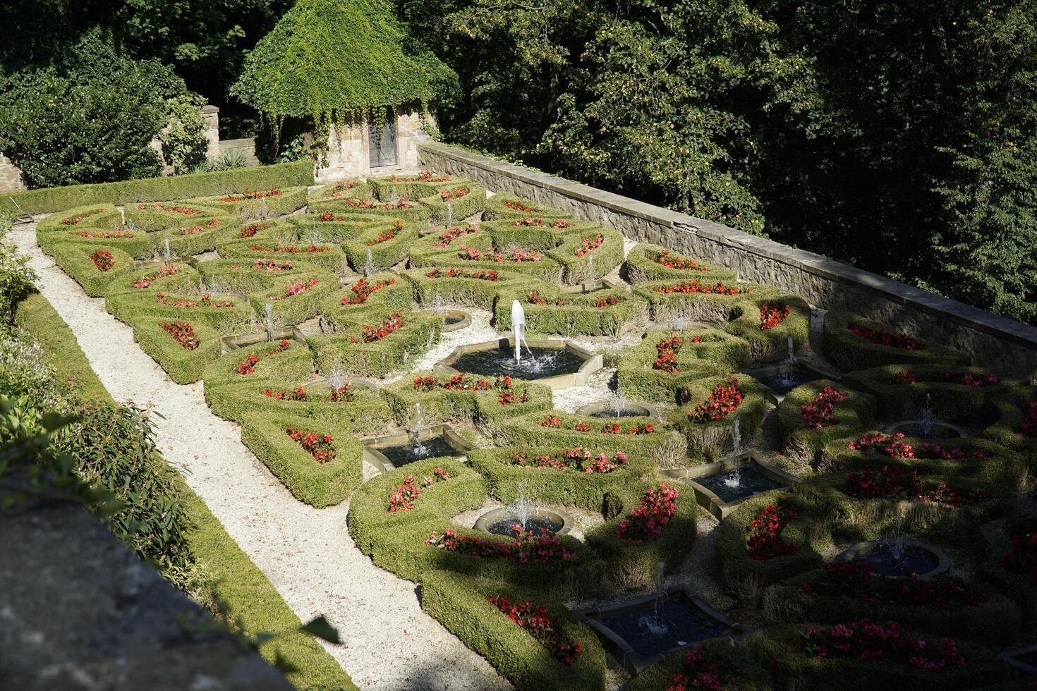 Walbrzych, Poland - August 12th, 2024 - Hedge trimmed in geometrical pattern in Ksiaz Castle garden photo