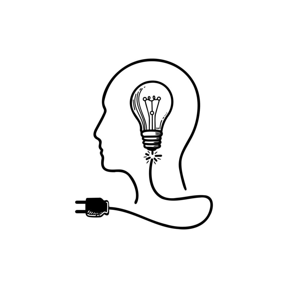 Creative concept of a minimalistic human head with a light bulb and plug symbolizing the flow of ideas and inspiration in a digital age vector