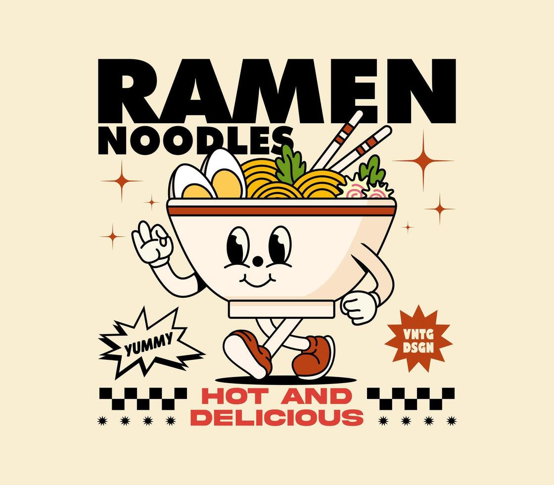 Retro ramen noodle cartoon character graphic design, perfect for graphic tees, t-shirts, posters, stickers, merchandise, and more vector
