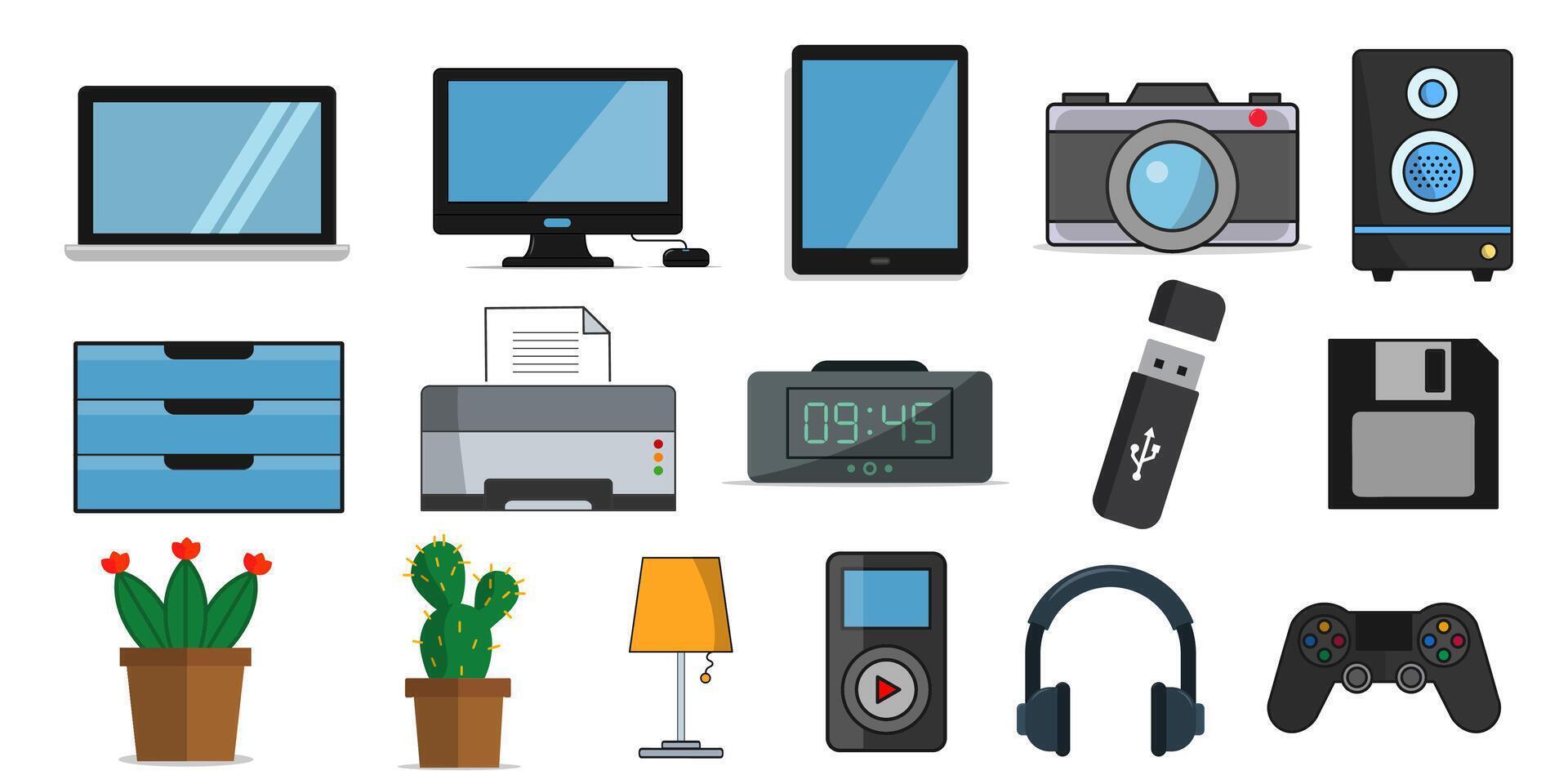 set of various electronic devices and accessories icon on white background vector