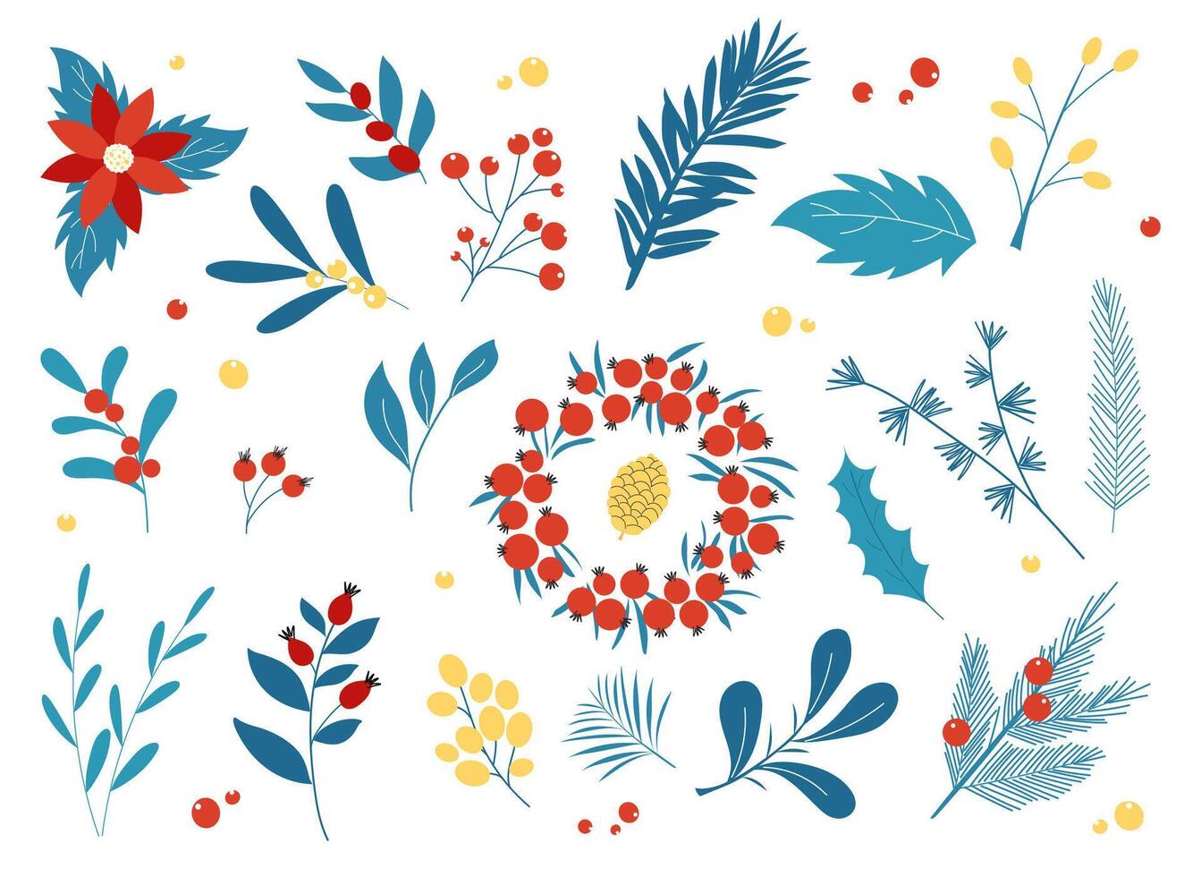 Handdrawn elegant set of winter plants, berries . vector