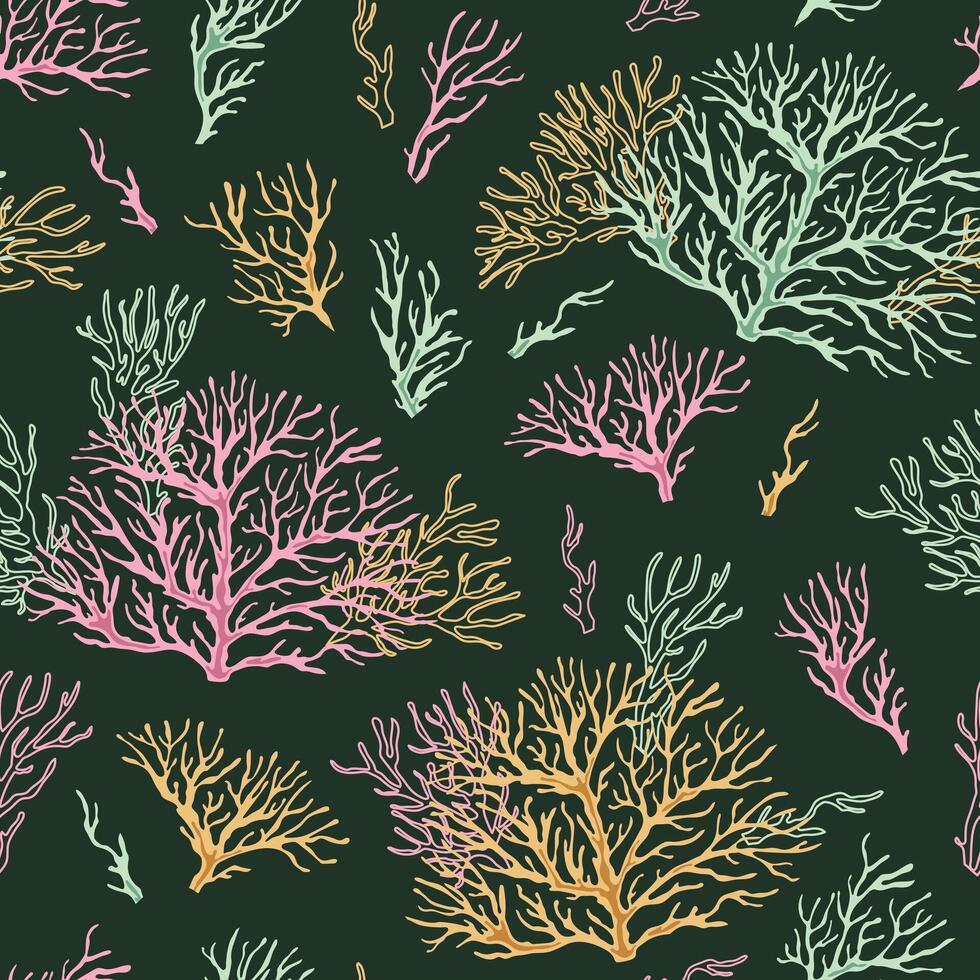 Seamless pattern with corals. Marine texture with algae in flat style. Suitable for wallpaper, fabric, paper, etc vector