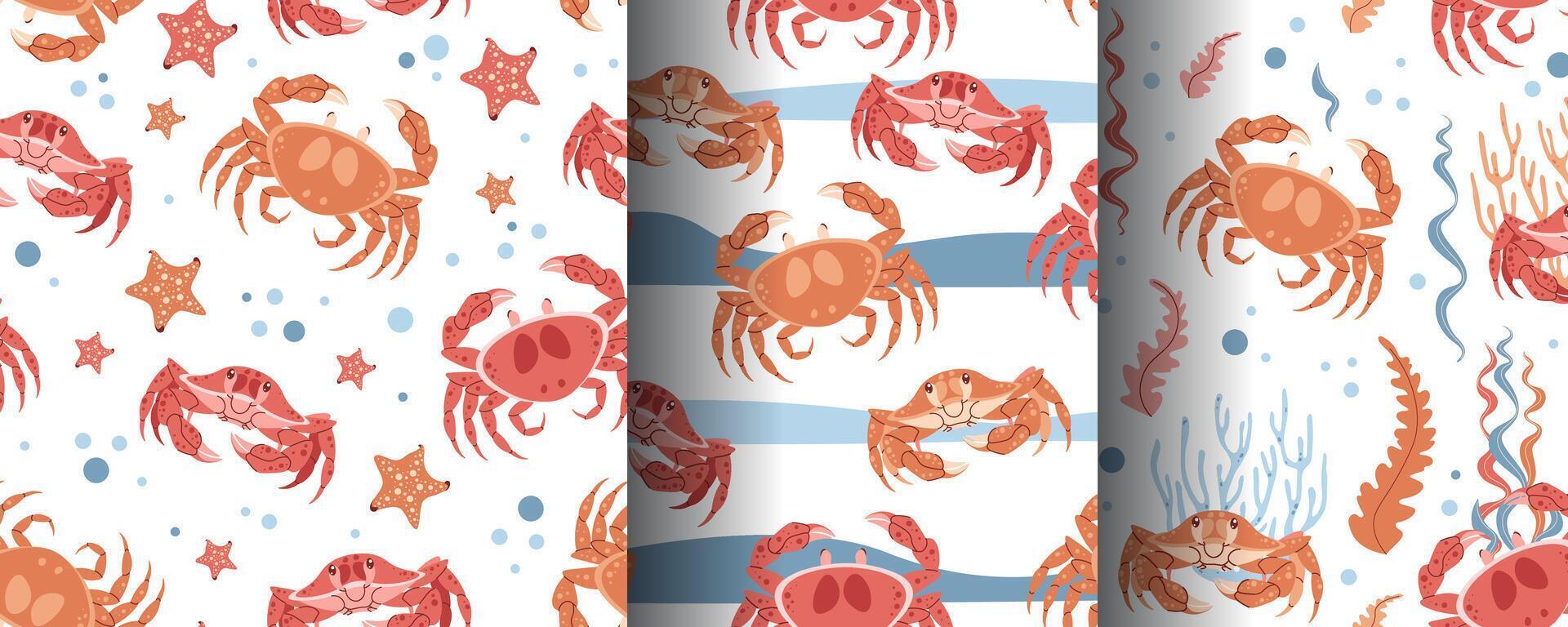 Set of seamless patterns with cute crabs and algae. Marine style, ocean inhabitants. Great for wallpaper, wrapping paper, baby fabric, etc. vector