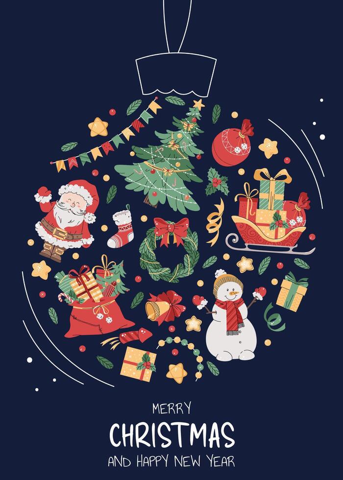 Christmas greeting card with festive elements in the form of a Christmas tree ball. Merry Christmas and Happy New Year. Banner, poster, flyer with Santa, Claus, Christmas tree, etc. vector
