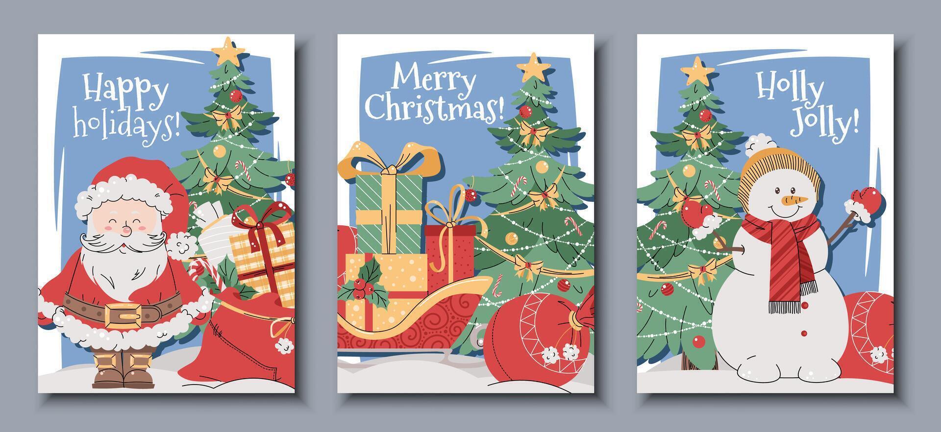 Set of Christmas greeting cards with Santa Claus, snowman, gifts, and a Christmas tree on a blue background in a flat cartoon style. illustration for poster, banner, invitation, etc. vector