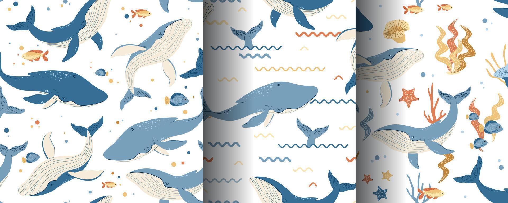 Set of Seamless patterns with cute whales and seaweed. marine children s print with sea creatures for textiles, scrapbooking, wallpapers vector