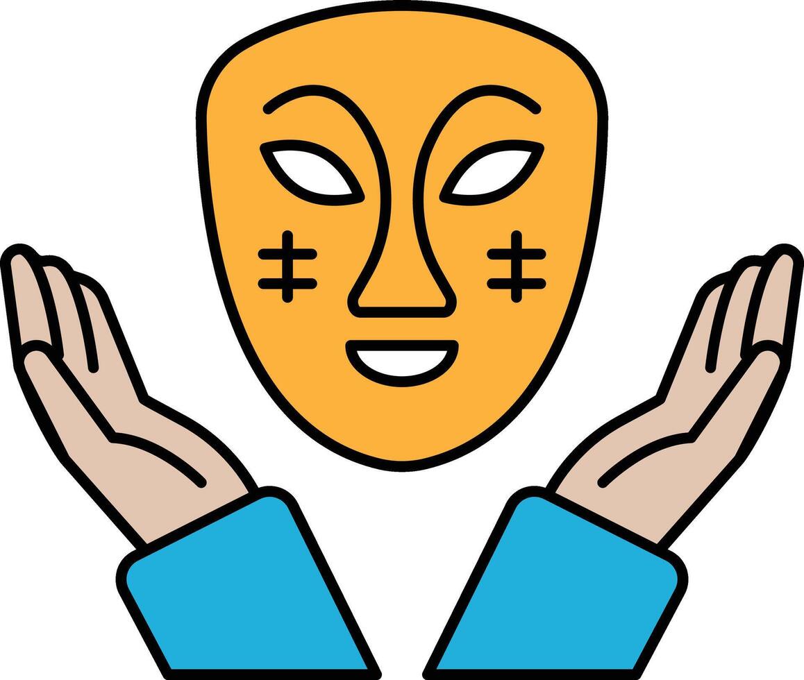 A cartoon of a face with a mask on it and two hands holding it vector