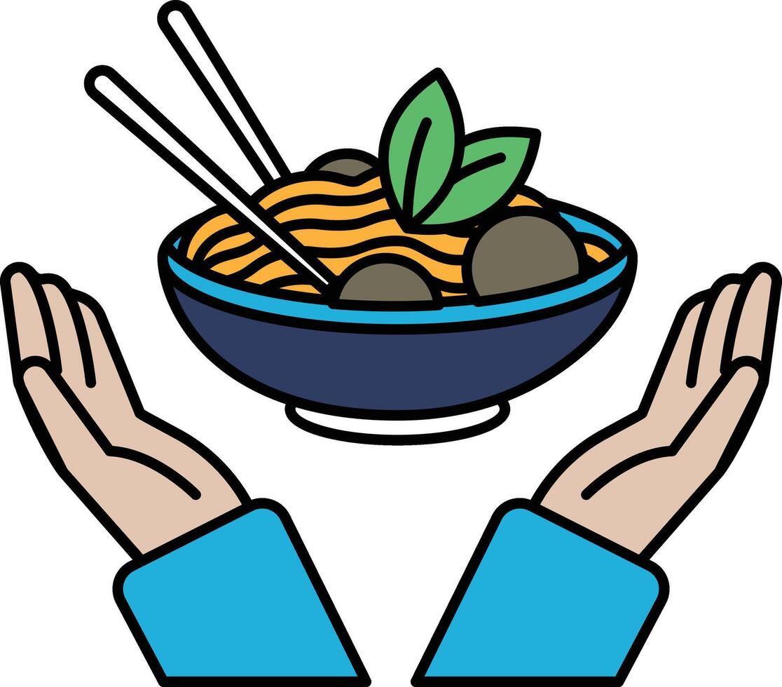 A hand is holding a bowl of noodles with a green leaf on top vector