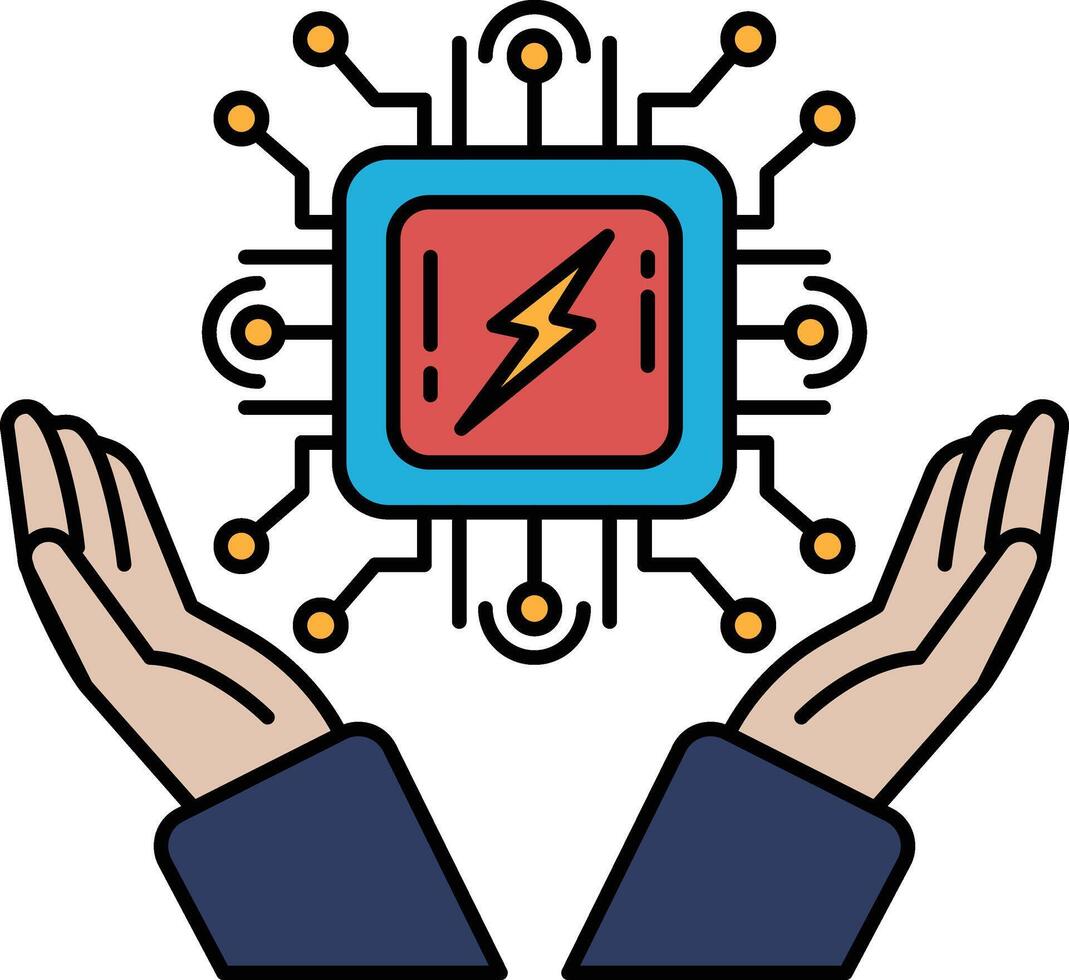 A hand is holding a computer chip with a lightning bolt on it vector