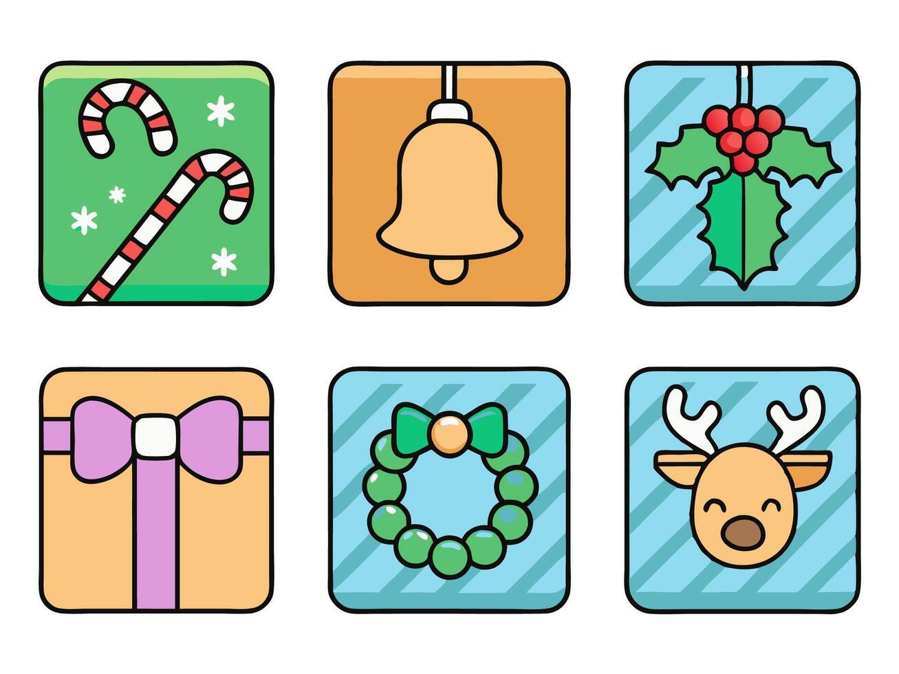 christmas icons set with a reindeer, candy cane, holly, and a bell vector
