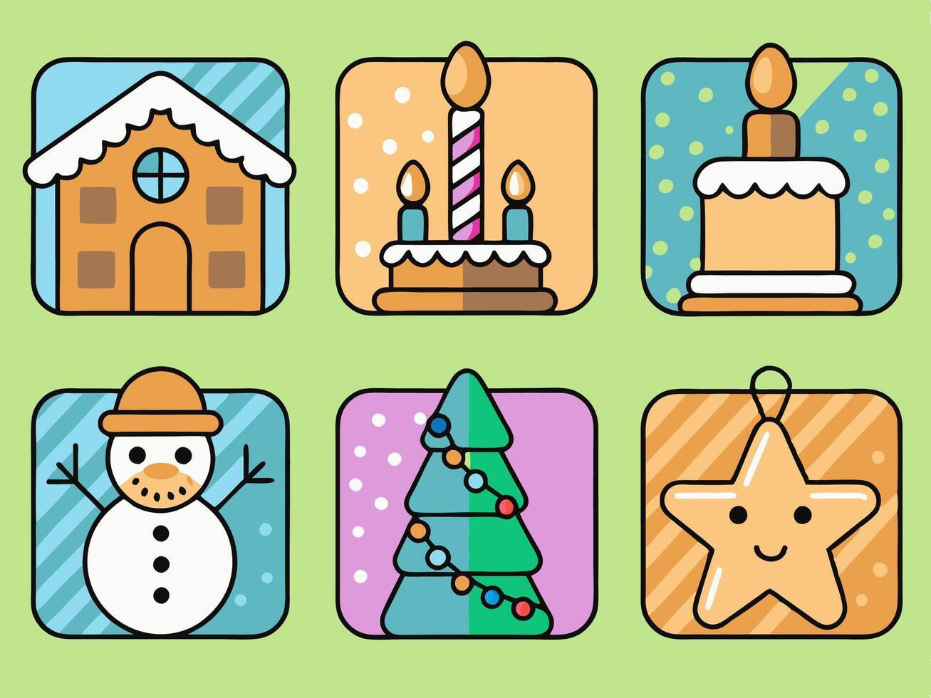 Christmas Day icon set. gingerbread, Christmas lights, nativity scene, snowman, Christmas star vector
