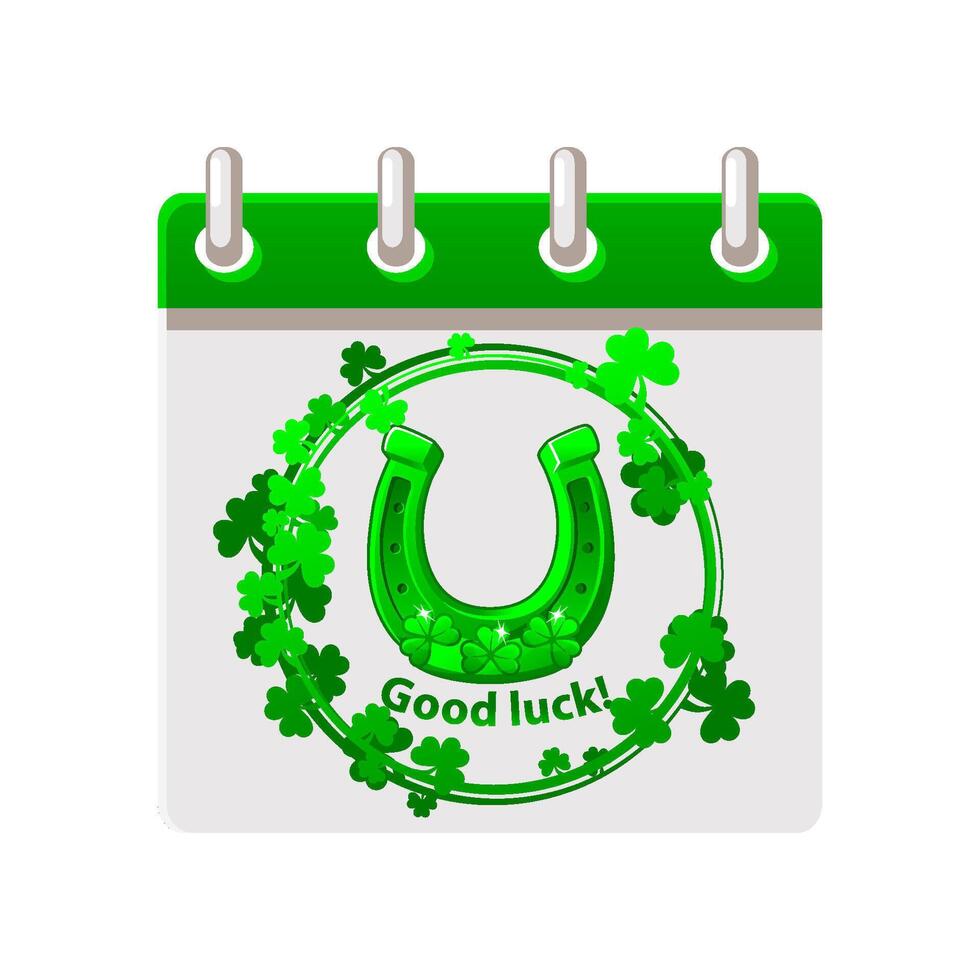 Calendar with St.Patricks Day, Horseshoe in clovers wreath for your greeting card, sticker, design, print or invitation vector