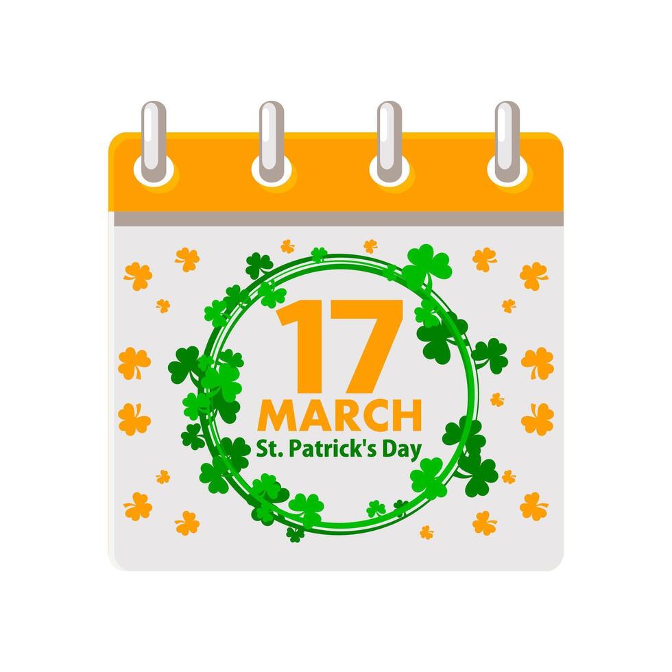Calendar with St.Patricks Day, Date 17 march in clovers wreath for your greeting card, sticker, design, print or invitation vector