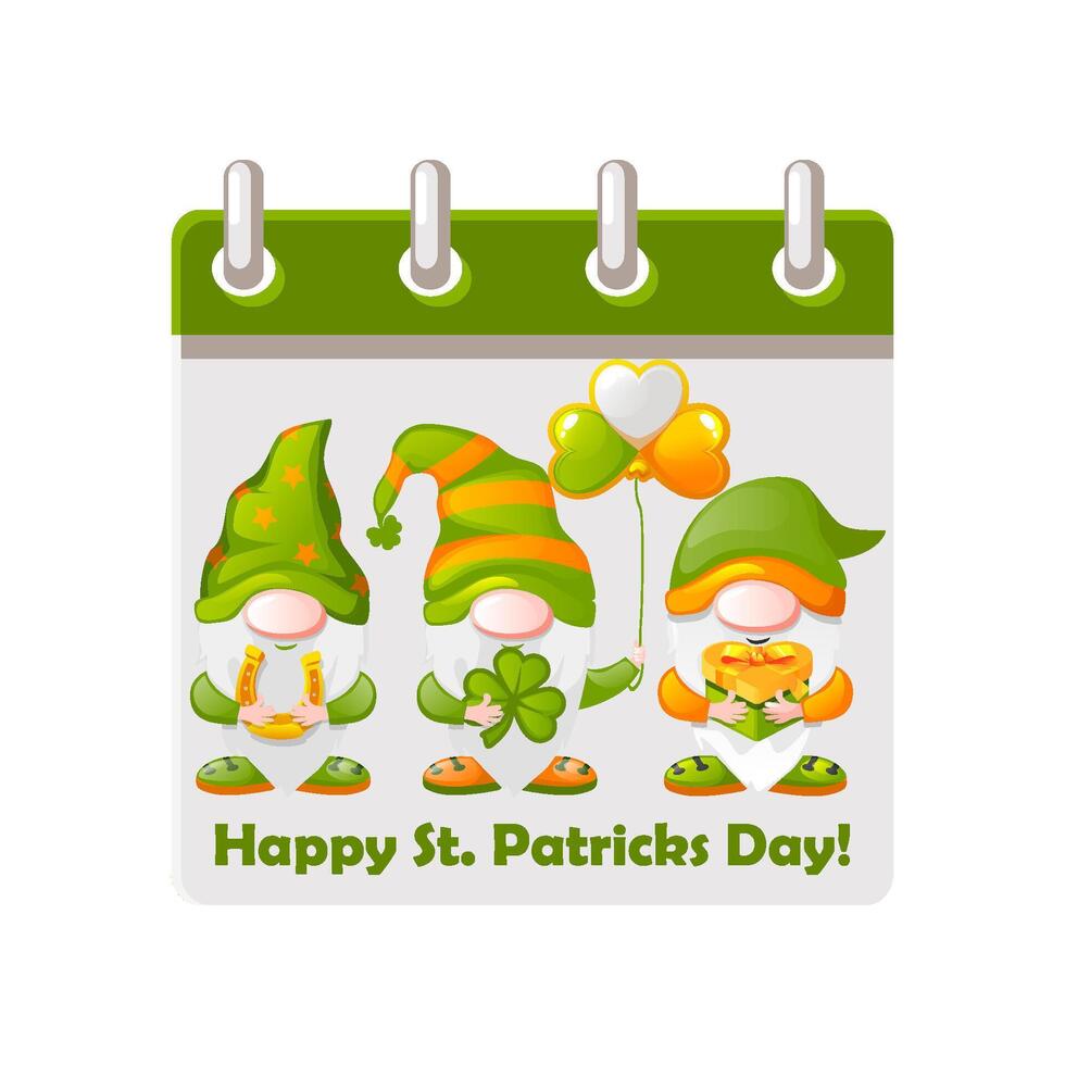 Calendar page with cartoon three gnomes for St.Patricks Day. Illustration for your greeting card or invitation vector