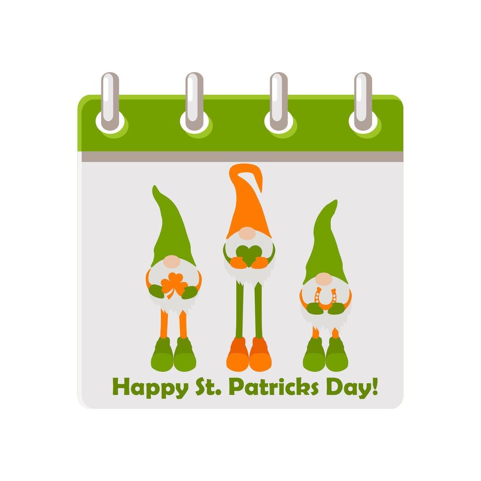 Calendar page with cartoon gnomes for St.Patricks Day. Illustration for your greeting card or invitation vector