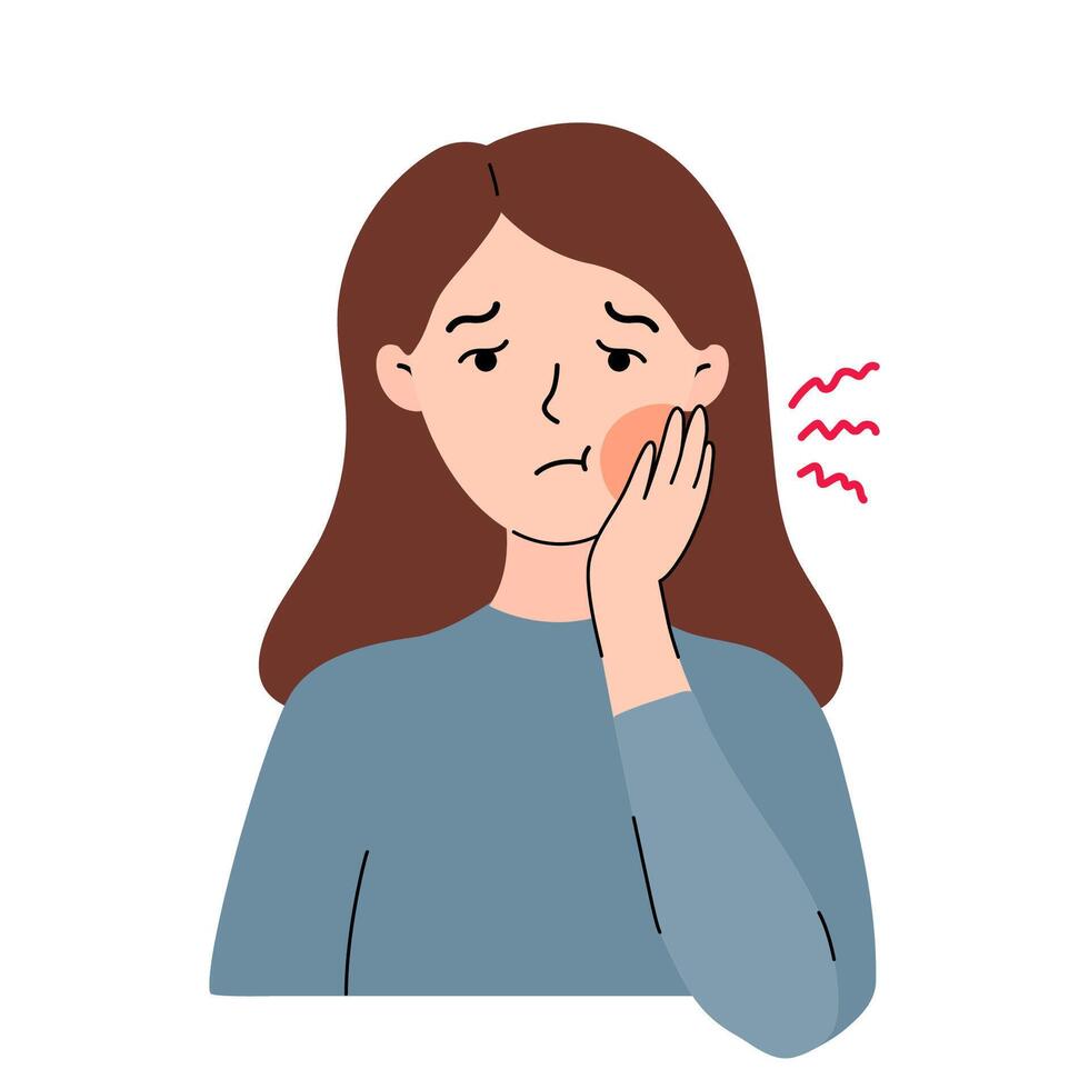 Young woman experiencing tooth pain. The girl touches her cheek with a concerned expression, indicating discomfort. Flat illustration. Oral care concept. vector