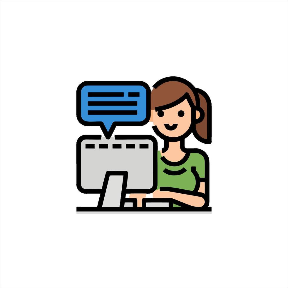 A woman is sitting at a computer with a speech bubble vector