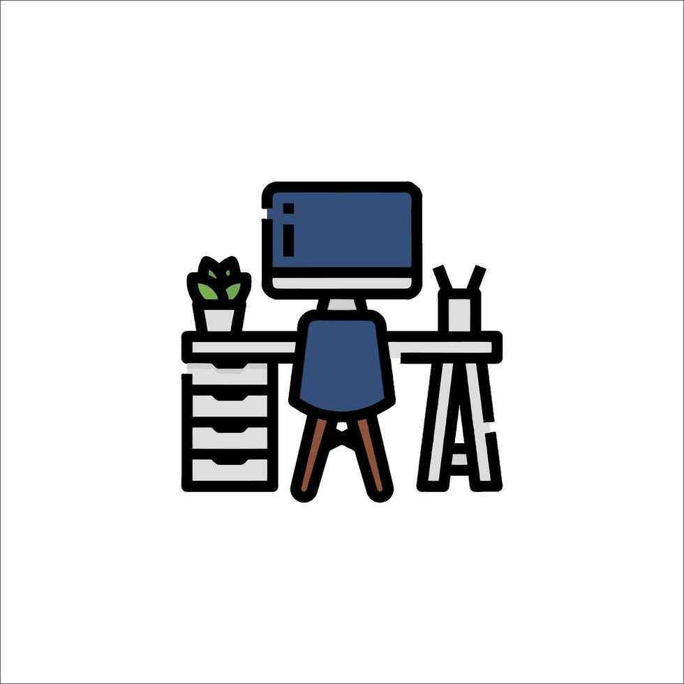 A computer desk with a chair and a plant vector
