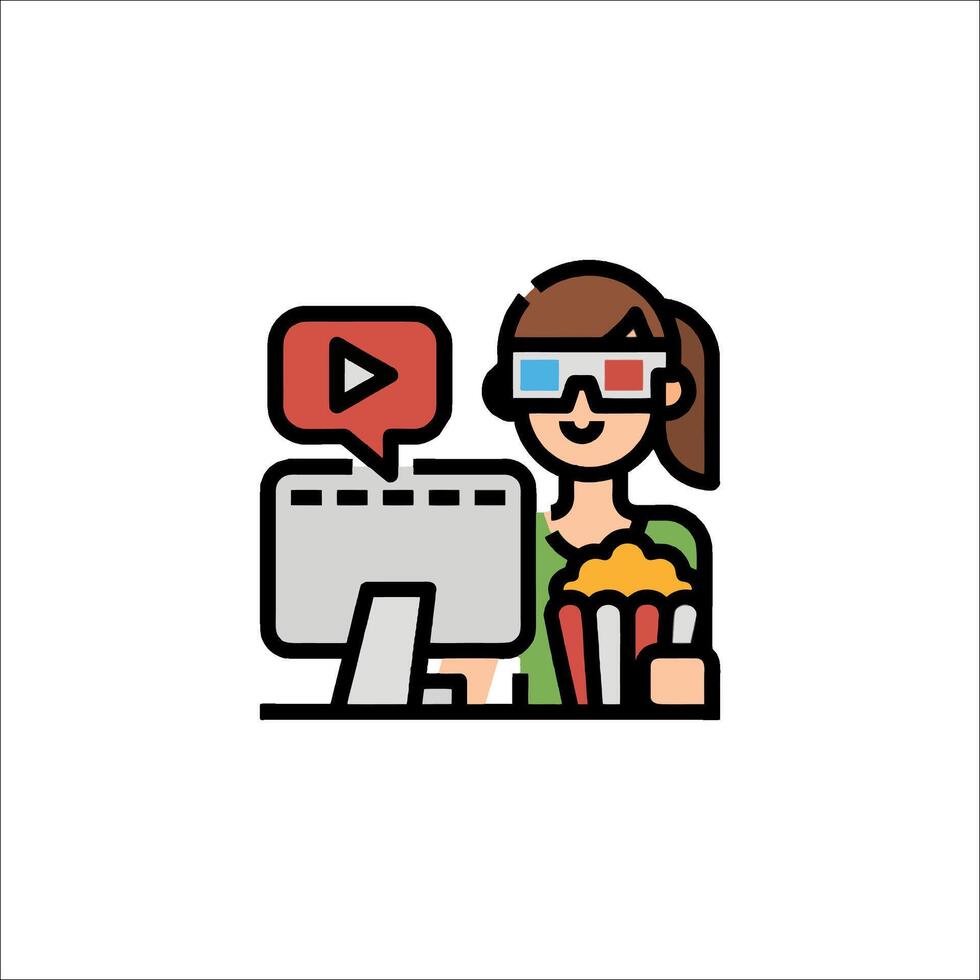 A woman with glasses and a movie playing on a computer vector