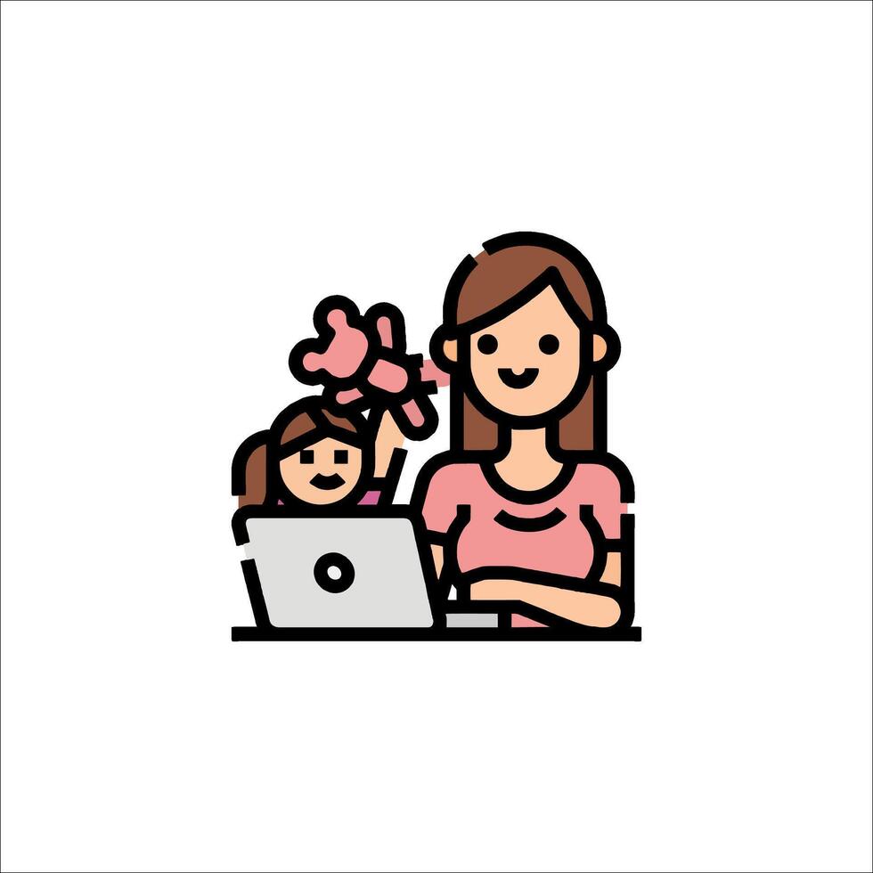 A woman and child are working on a laptop vector