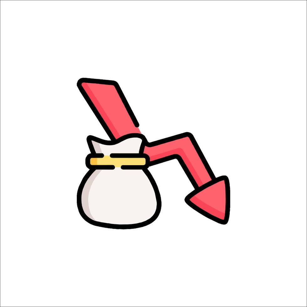 A cartoon bag with a red arrow pointing down vector