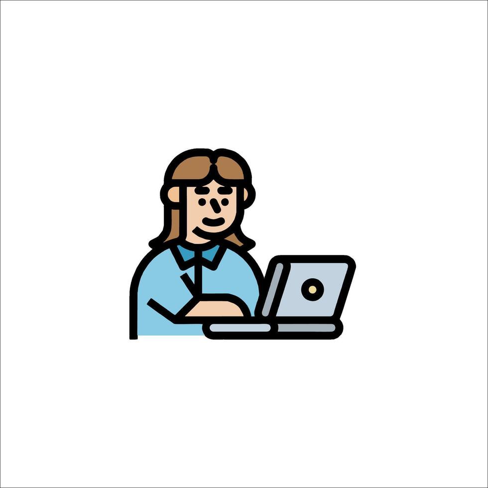 A woman is working on a laptop icon vector