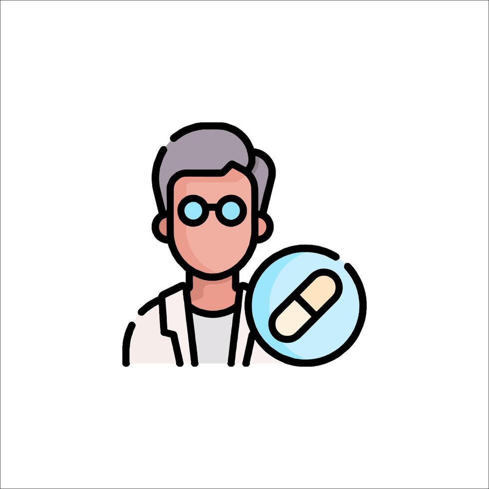 A man in a lab coat holding a pill vector