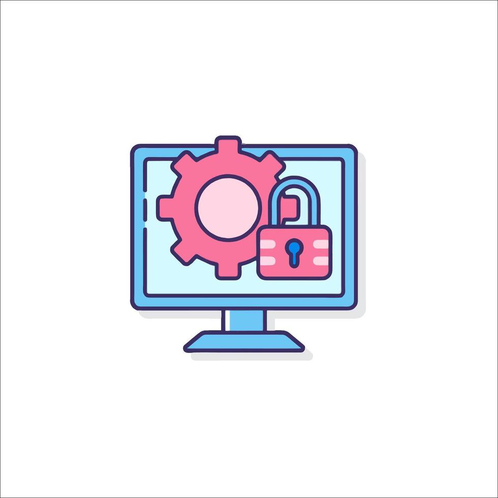 A computer screen with a padlock and gears vector