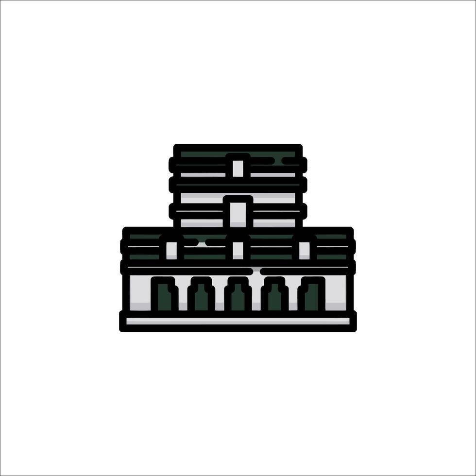 A building icon in black and white vector