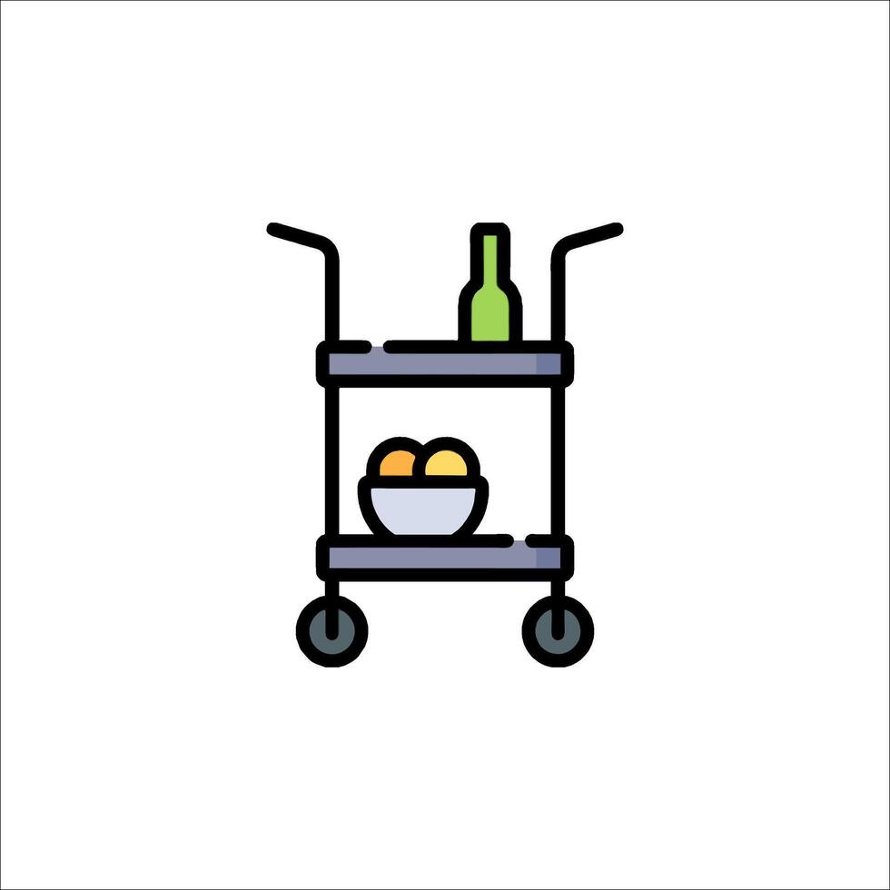 A bar cart with a bottle and a bowl on it vector