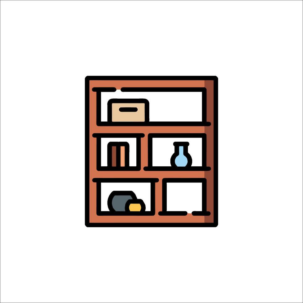 A shelf with books and other items on it vector