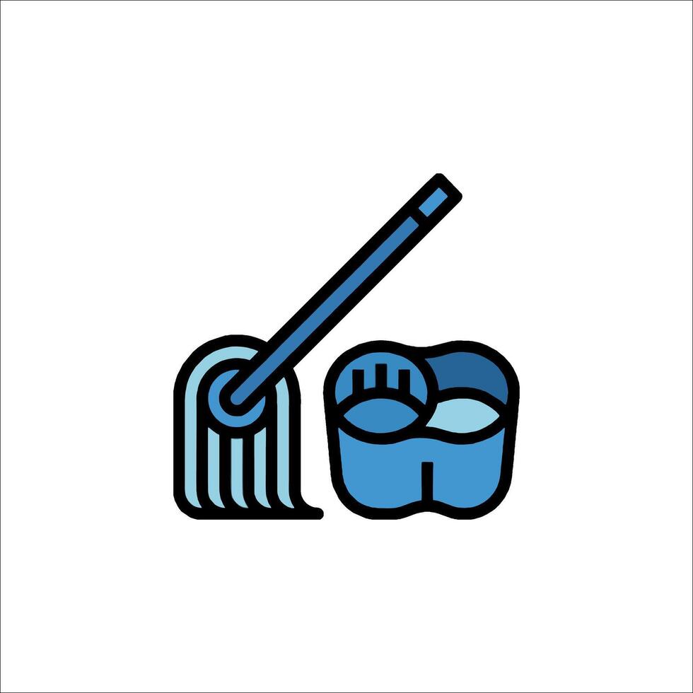 A blue and white icon of a broom and bucket vector