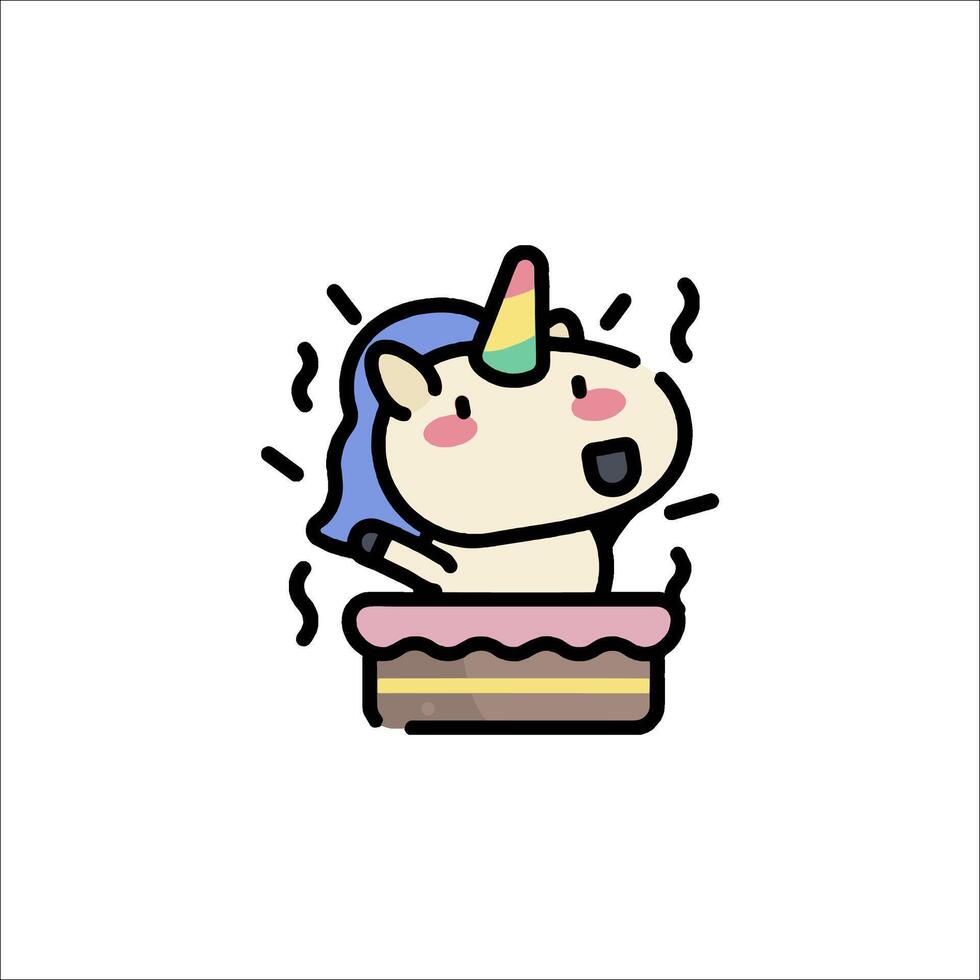 A cartoon unicorn is sitting on top of a cake vector