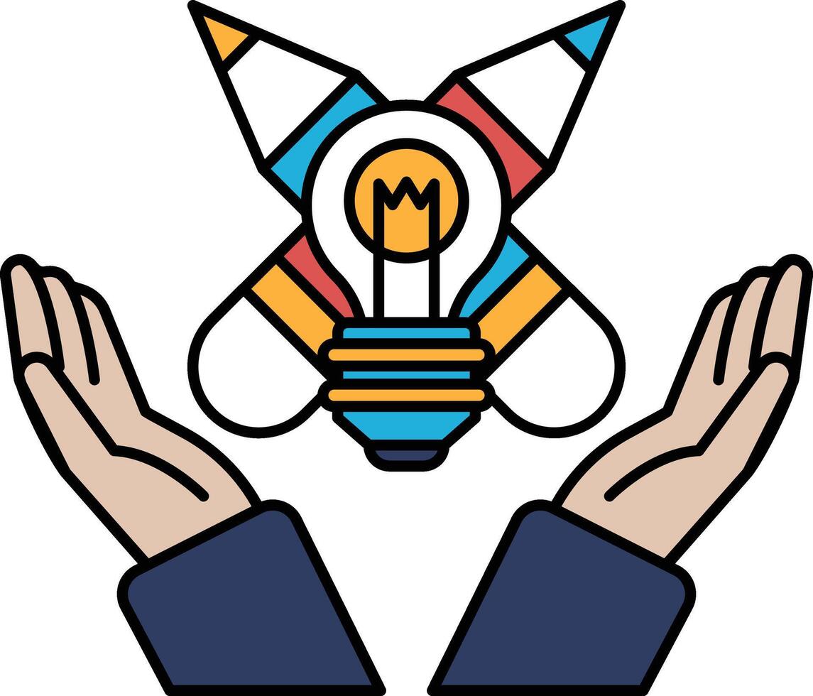 A drawing of a hand holding a light bulb with a rocket in the background vector