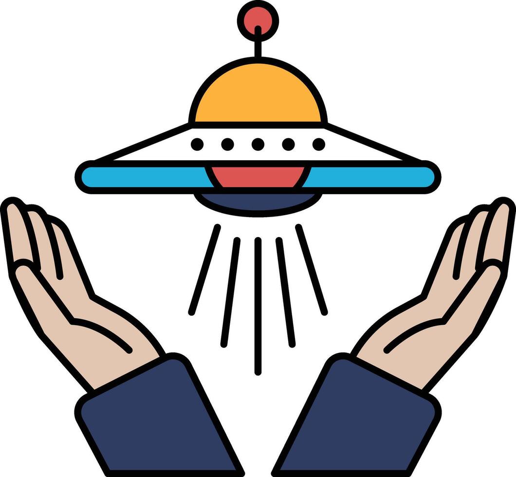 A cartoon drawing of two hands holding up a spaceship vector