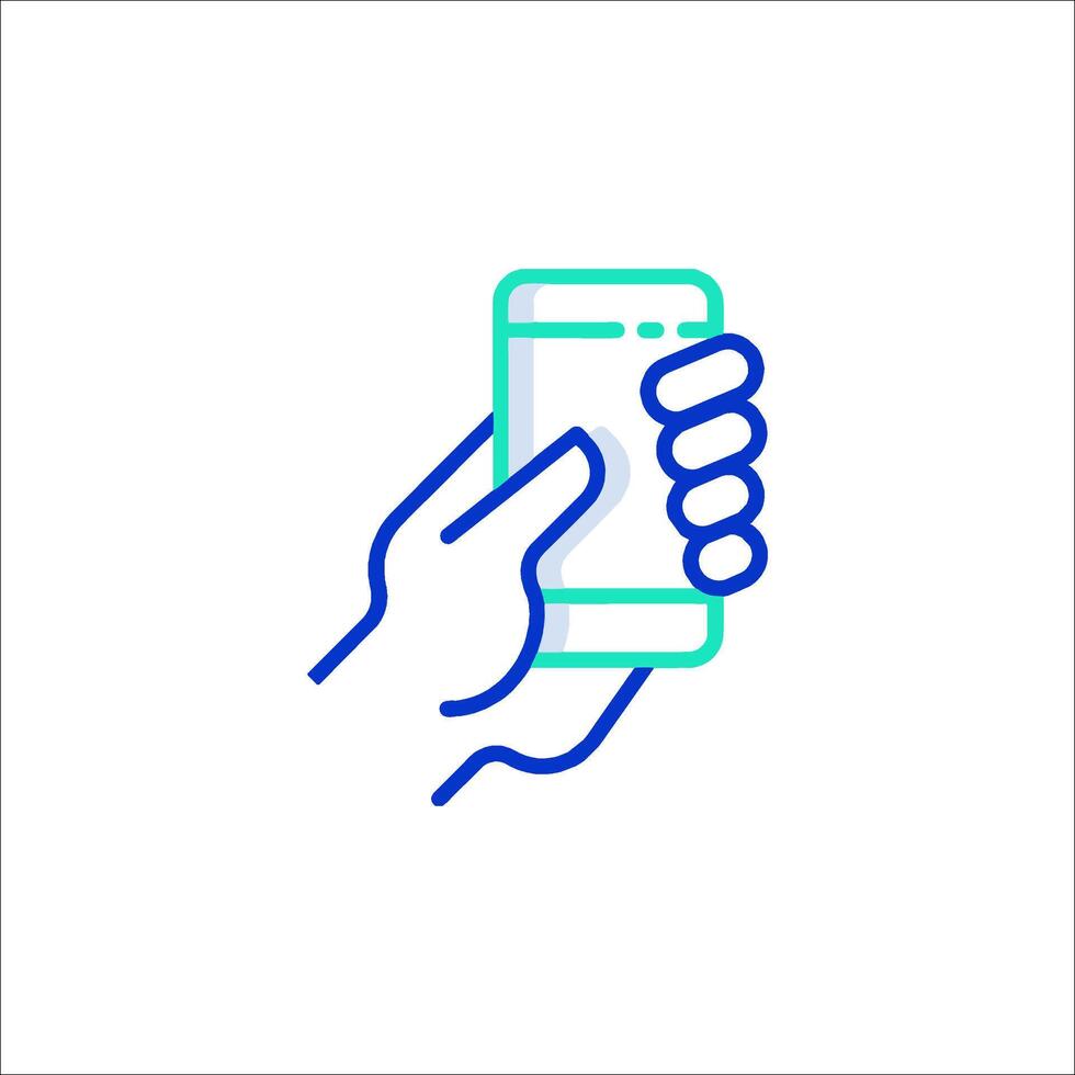 A hand holding a phone with a blue outline vector