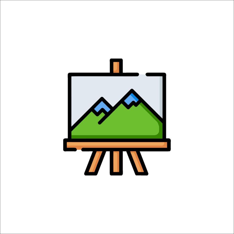 A painting on a easel with mountains in the background vector