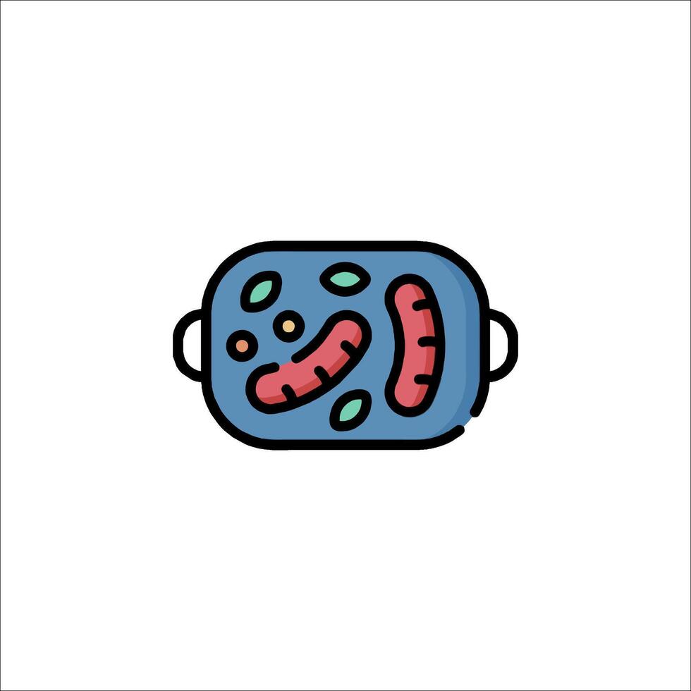 A blue and red pan with food in it vector