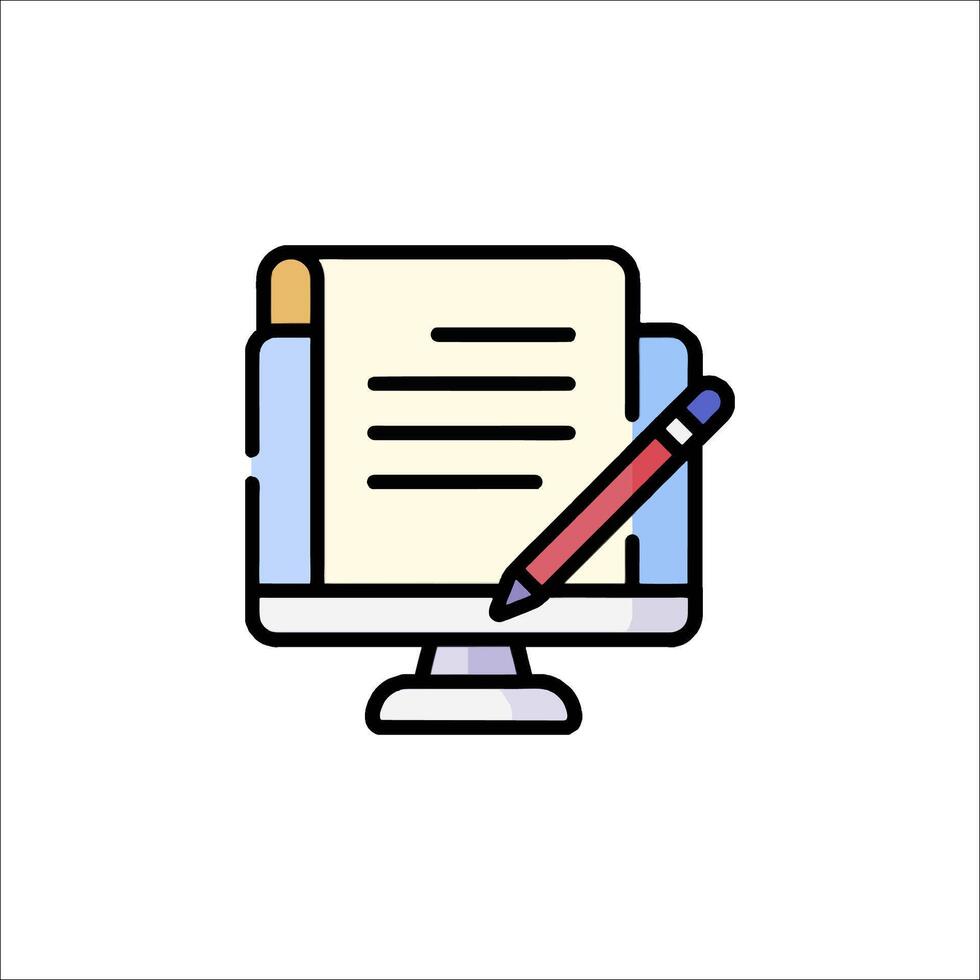 A computer with a pen and paper icon vector