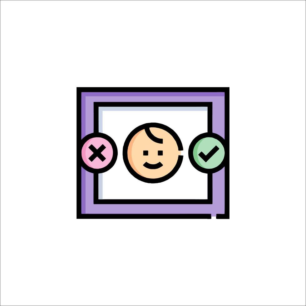 A child is in a frame with a check mark vector