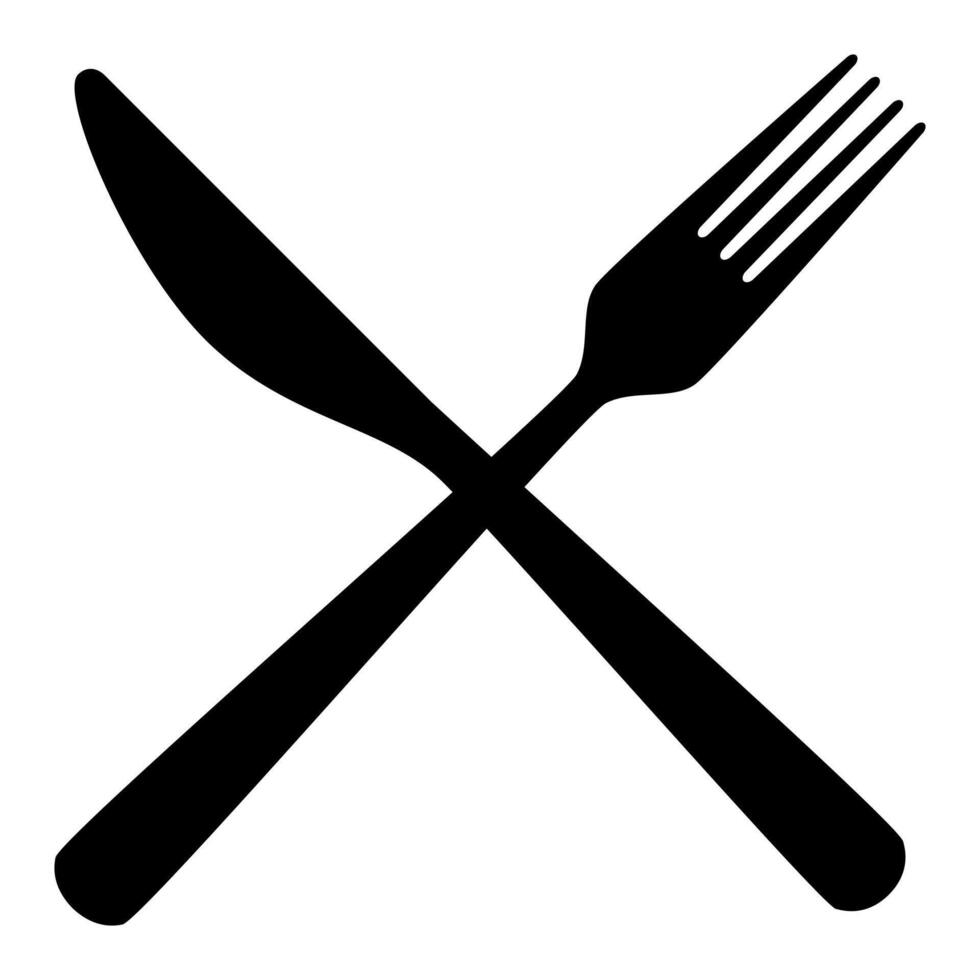 crossed cutlery fork and knife, silhouette shape, black and white illustration, isolated on white background vector