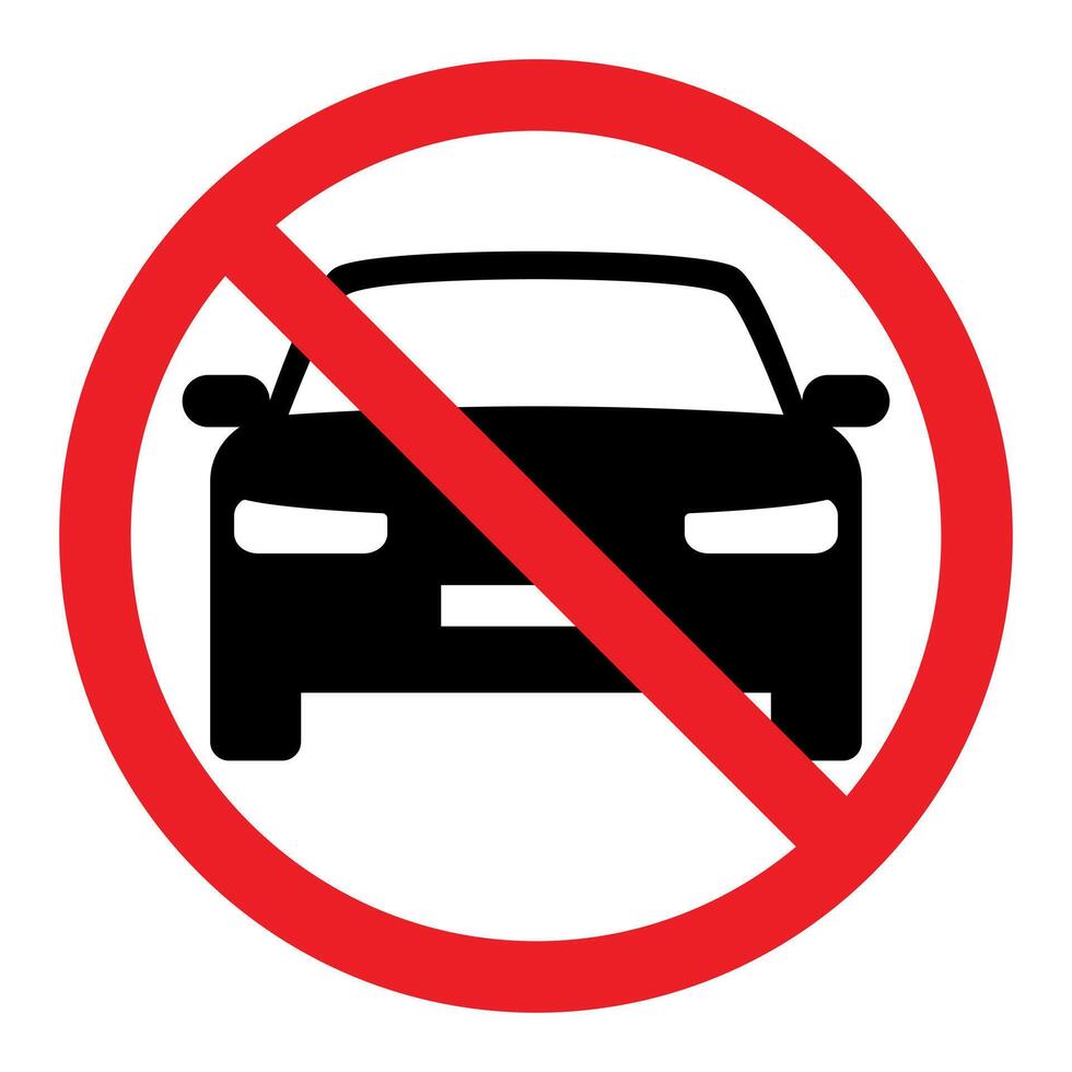 No motor vehicles symbol, prohibitory sign, red crossed out circle symbol with car silhouette vector