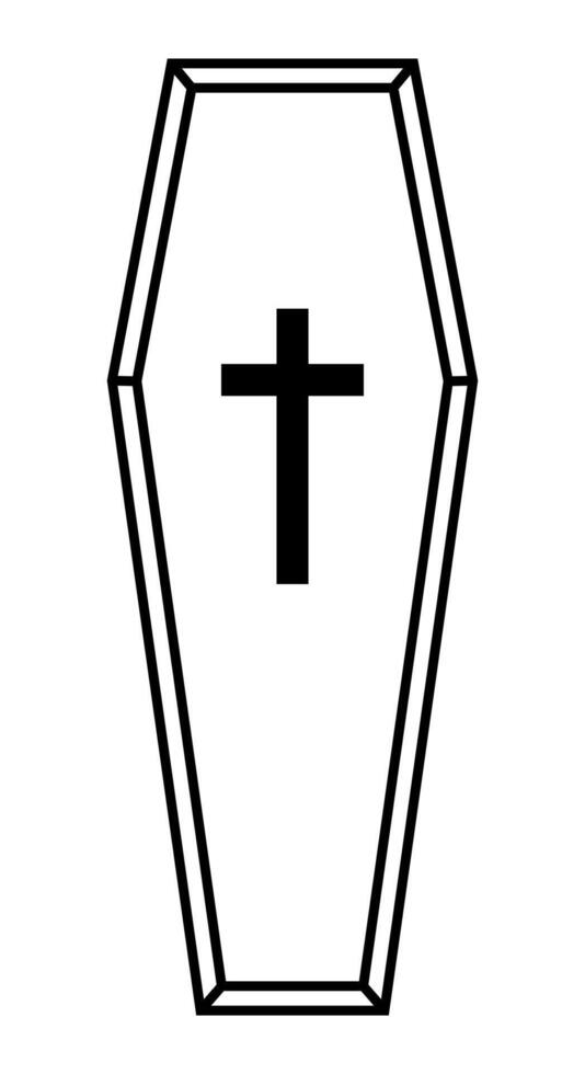 A coffin, black and white silhouette illustration of casket funerary box with cross, isolated on white background vector