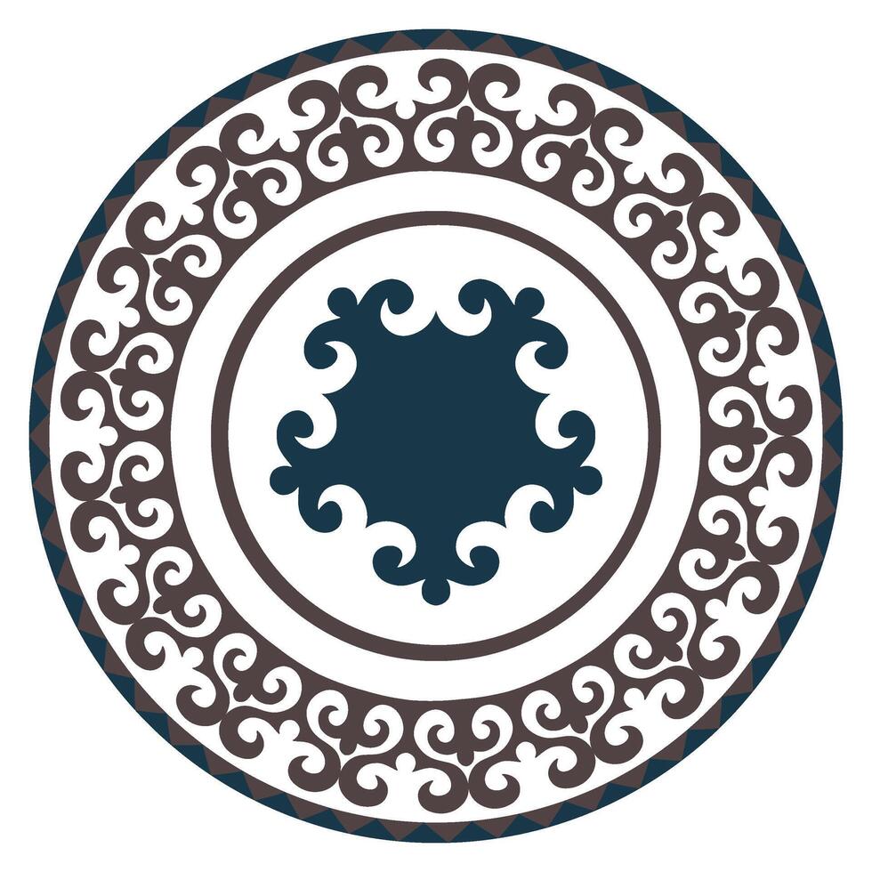 Round Turkic frame with pattern in the center. Ornamental elements and motifs of Turkic, Kazakh, Kyrgyz, Uzbek, national Asian decor for plate, textile, print design, embroidery. Circle Turkic frame. vector