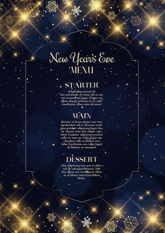 Elegant New Years Eve menu with gold stars and snowflakes design vector