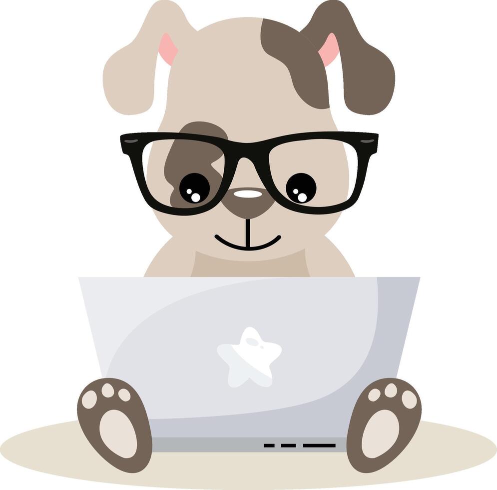 Cute puppy working with laptop vector